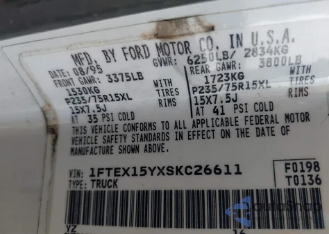 1995 Ford F150 from USA, damaged, VIN 1FTEX15YXSKC26611